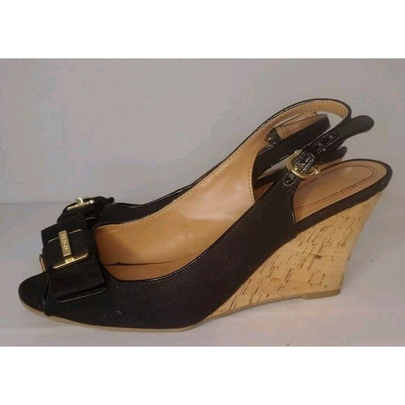 Tommy Hilfiger Black Canvas Cork Wedge Peeptoe Sandals Size 7.5 - Picture 1 of 7